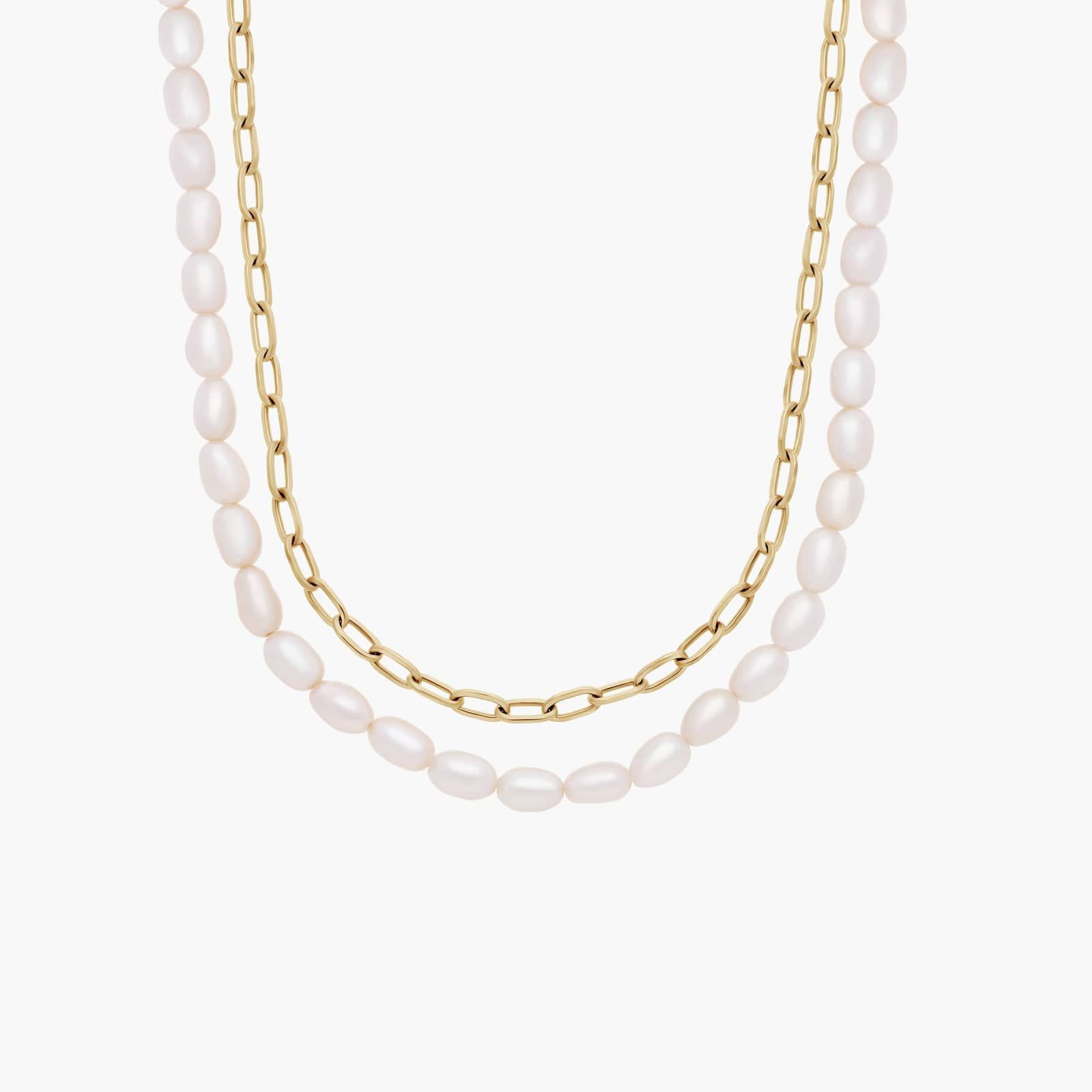 Freshwater Pearl and Paperclip Chain Double Strand Necklace In 14k Yellow Gold | Blue Nile
