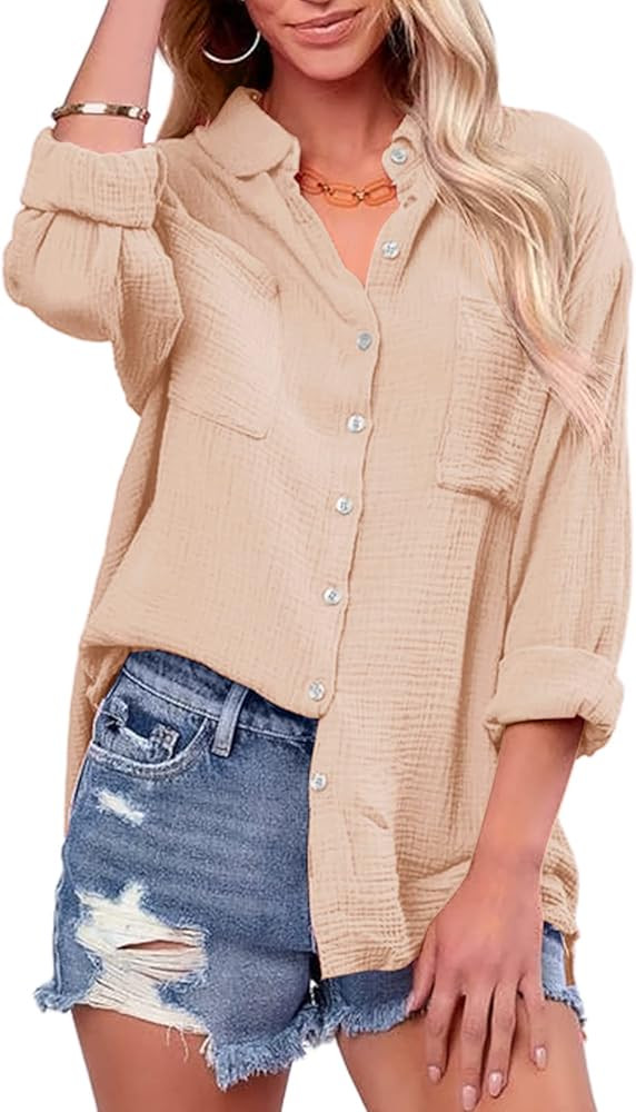 Saudacdn Women Button Down Shirts V Neck Blouse Long Roll Up Cuffed Sleeve Pocket Casual Boyfrien... | Amazon (US)