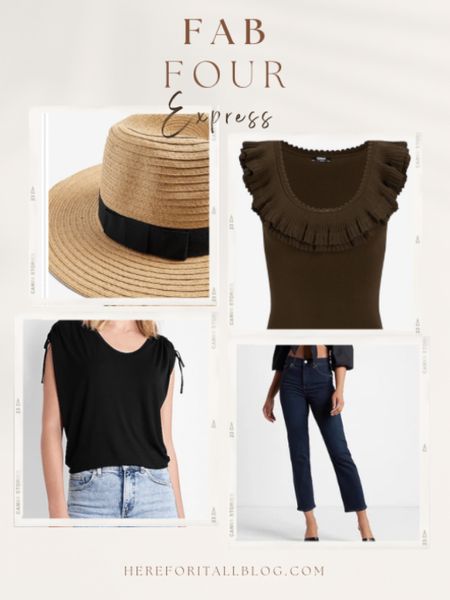 I have and LOVE these 4 pieces from Express. The hat is gorgeous and the perfect color-elevating anything you pair it with. It is marked down too! Snag it before it’s gone! I have bought the ruched shoulder tee in 3 colors and it is so good! I went with XS. The ruffle sweater I sized up to Small. And I am a size 0 in their jeans. The dark wash is an elegant, sophisticated shade you could wear to the office on a casual day and still look polished. Happy shopping!

#LTKstyletip #LTKunder50 #LTKsalealert
