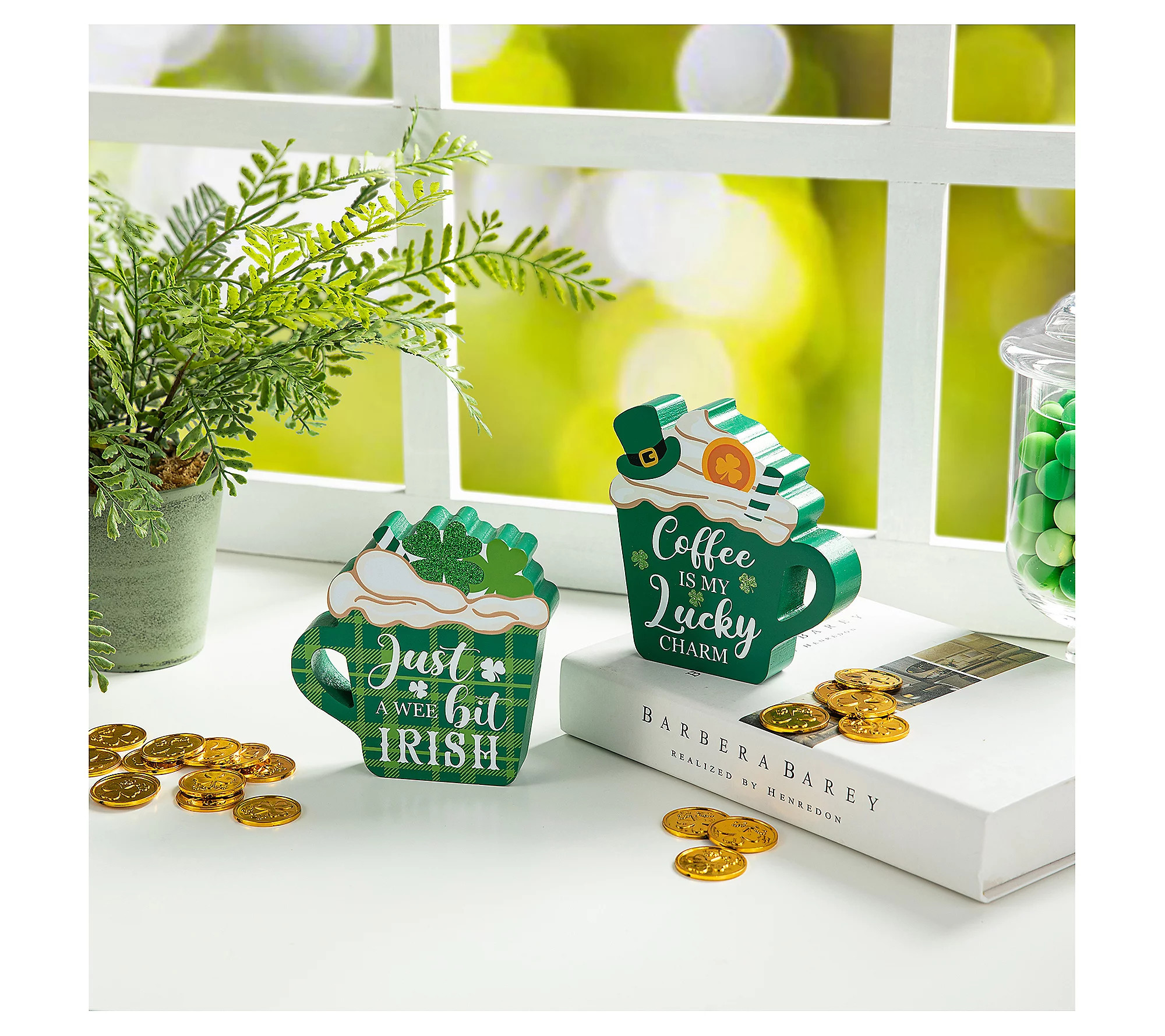 Glitzhome 5.25""H Wood St.Patrick's Coffee Cup T able Decor S/2 | QVC
