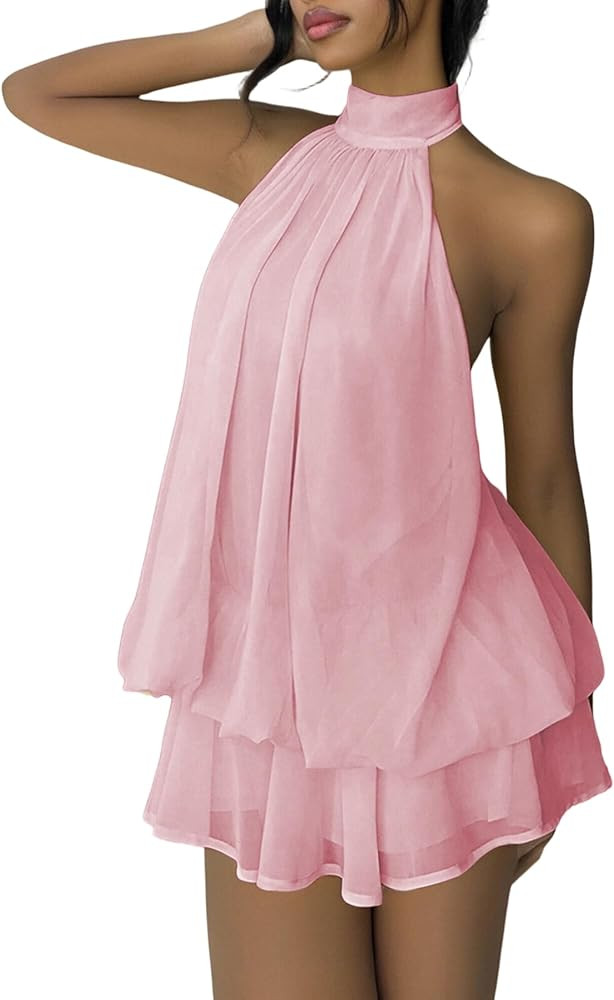 SHINFY Women Chiffon Halter Cocktail Dresses for Wedding Guest Ruffle Mini Beach Vacation Birthda... | Amazon (US)