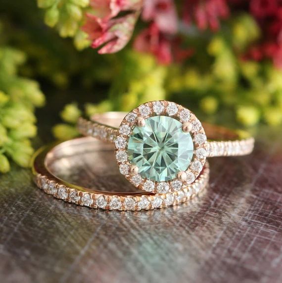 Emerald Green Moissanite Diamond Wedding Set in 14k Rose Gold 7mm Moissanite Engagement Ring and Hal | Etsy (US)