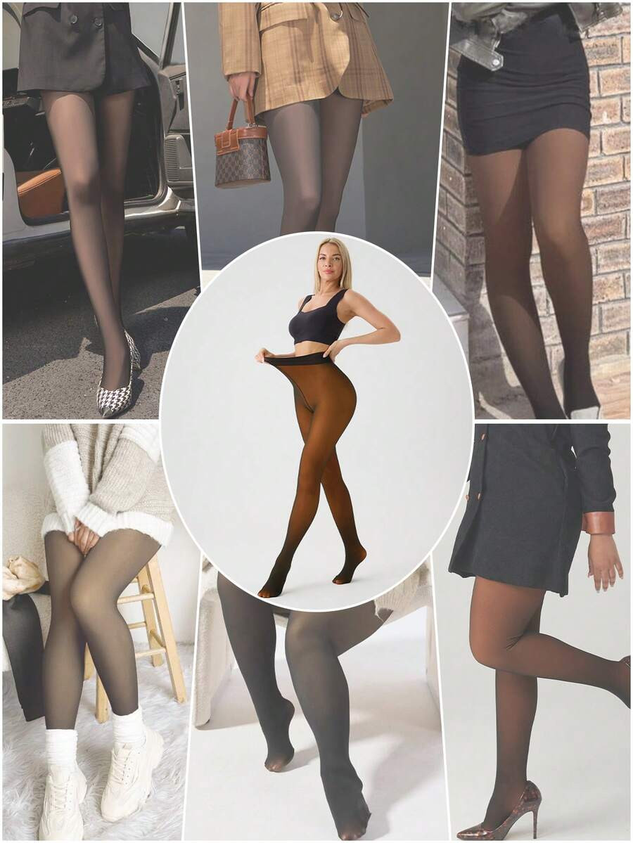 220g Fleece Lined Tights Sheer Warm Invisible Crotch Outside Pantyhose High Waist Fake Translucen... | SHEIN