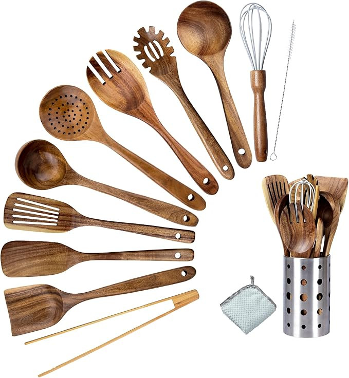 Premium Teak Wood Kitchen Utensil Set - 11-Piece Heat-Resistant Cooking Tools with Storage Holder... | Amazon (US)