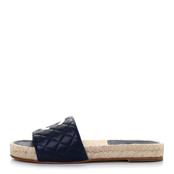 CHANEL Lambskin Quilted CC Espadrille Slip On Sandals 35 Navy | Fashionphile