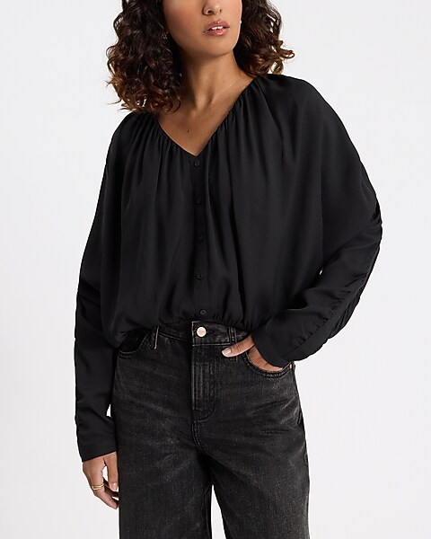 V-neck Button Up Ruched Top | Express