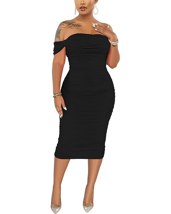 Women's Sexy Off Shoulder Sleeveless Bodycon Ruched Midi Elegant Cocktail Evening Party Night Tub... | Amazon (US)