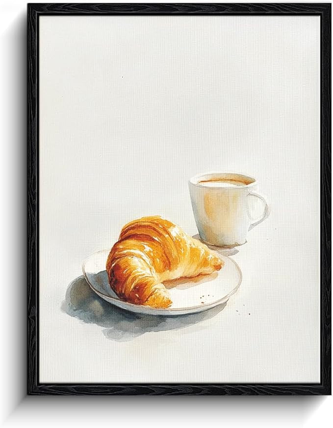 Croissant Coffee Wall Art, buttery croissant, watercolor wall decor, matte finish framed canvas p... | Amazon (US)