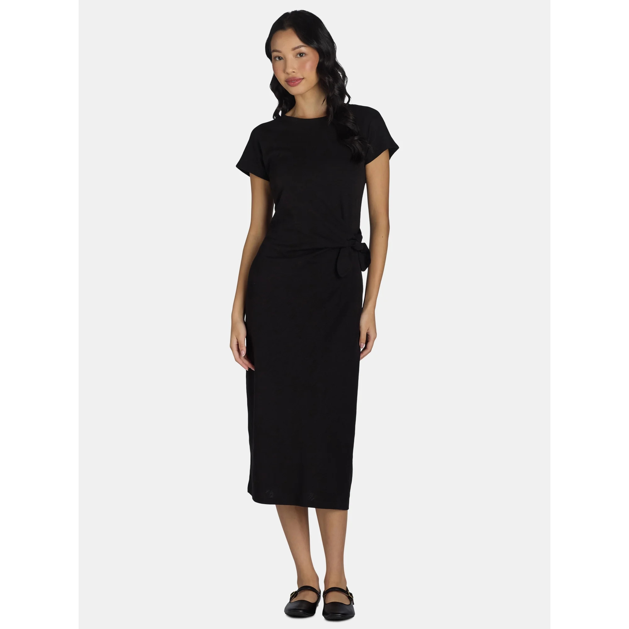 Time and Tru Women's and Women's Plus Side Tie Midi Dress with Short Sleeves, Sizes XS-4X | Walmart (US)