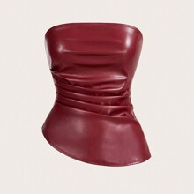 Women's Burgundy Red Leather Top Fashionable Ruched Asymmetric Hem Tube Top, Suitable For Going Out And Parties Christmas Top | SHEIN