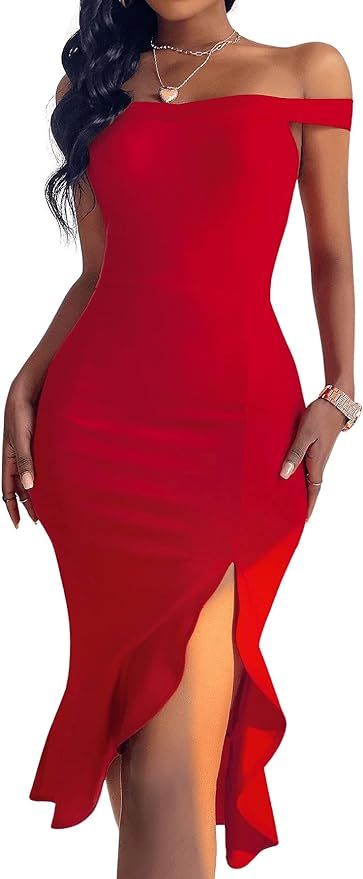 Floerns Women's Off The Shoulder Split Ruffle Hem Bodycon Midi Dress Red Solid L | Amazon (US)