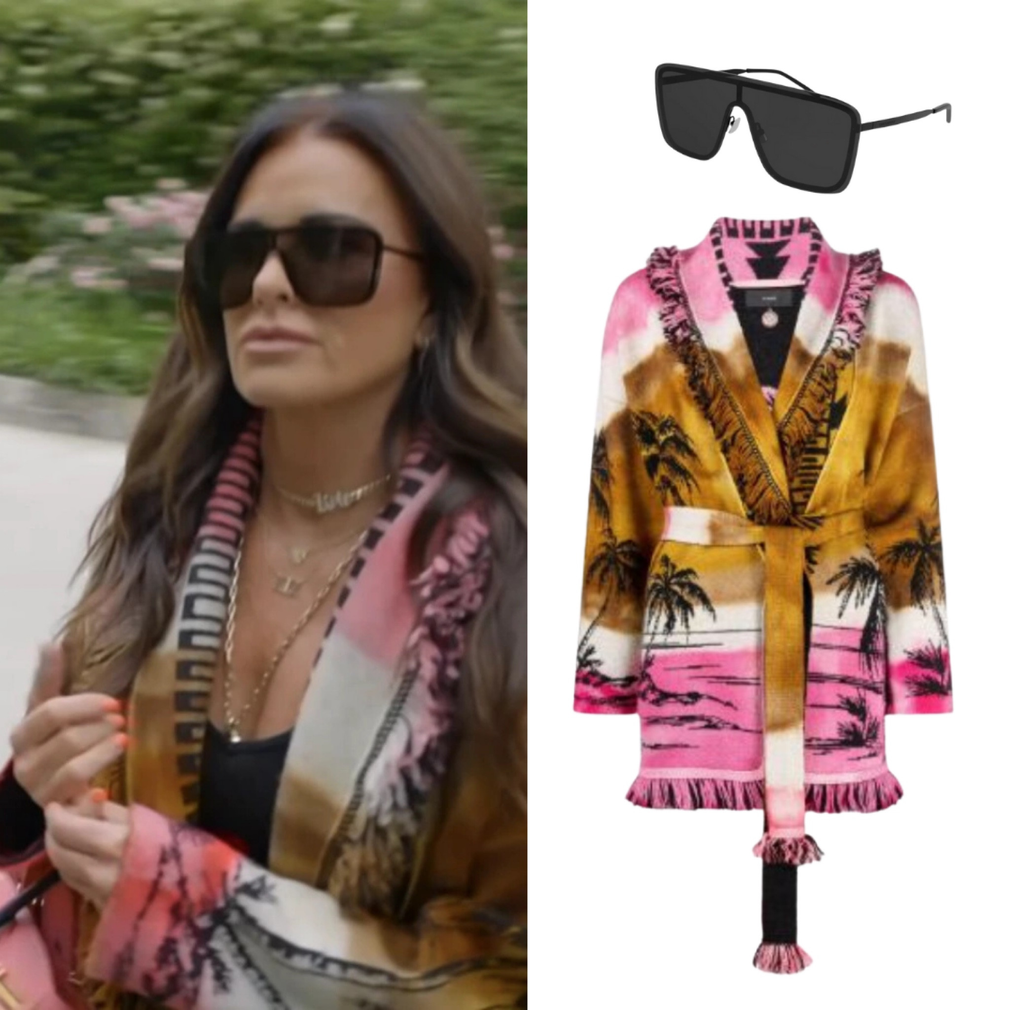 Kyle Richard’s Palm Tree Print Cardigan Sweater and Sunglasses