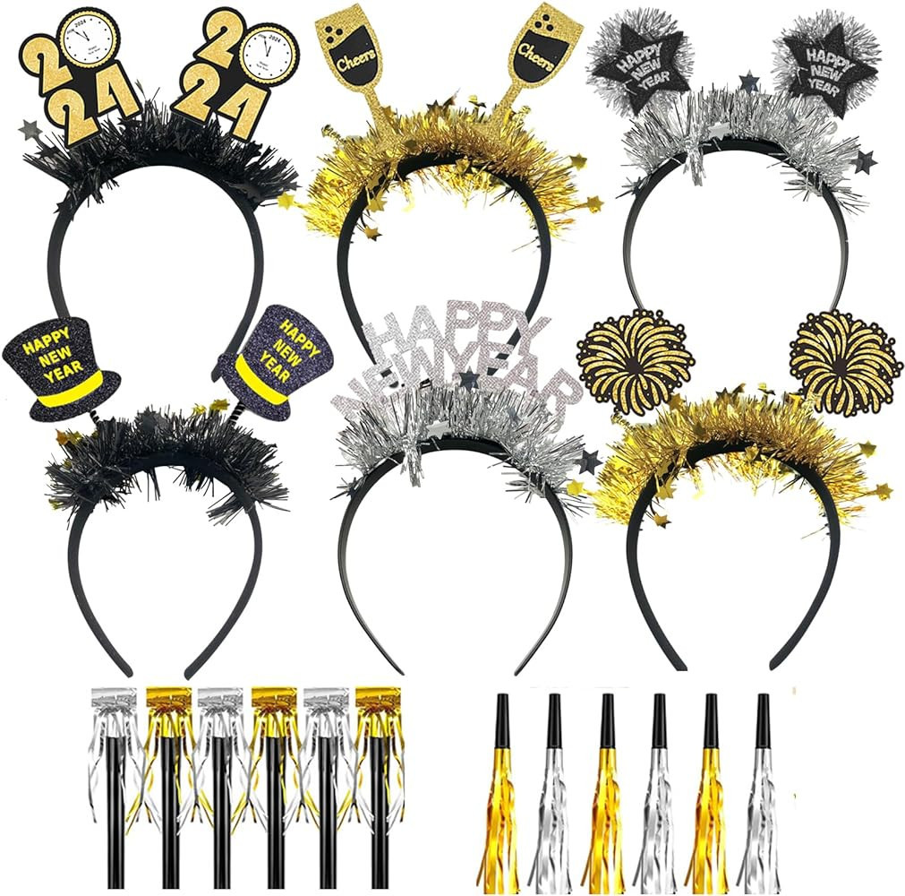 18 pcs Happy New Year Headbands and Metallic Noise Makers,2024 Happy New Year Party Supplies Incl... | Amazon (US)