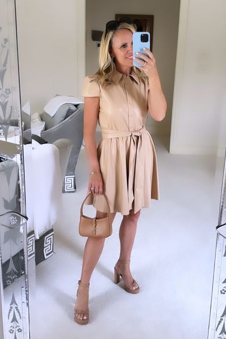 Loving this neutral faux leather mini dress by Alice and Olivia!  The fabric is amazing and so buttery soft.    Wear now with platform sandals and with boots as the weather gets cooler.

Alice and Olivia faux leather mini dress
Faux leather mini dress
Neutral dress
Nude platform sandals 
YSL 
Celine tortoise sunglasses 

#LTKstyletip #LTKSeasonal #LTKover40
