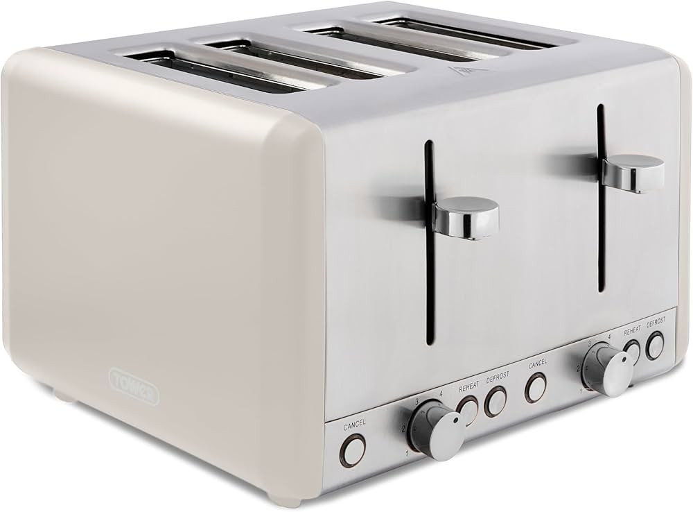 Tower T20051MSH Cavaletto 4-Slice Toaster with Defrost/Reheat, Stainless Steel, 1800W, Latte with... | Amazon (UK)