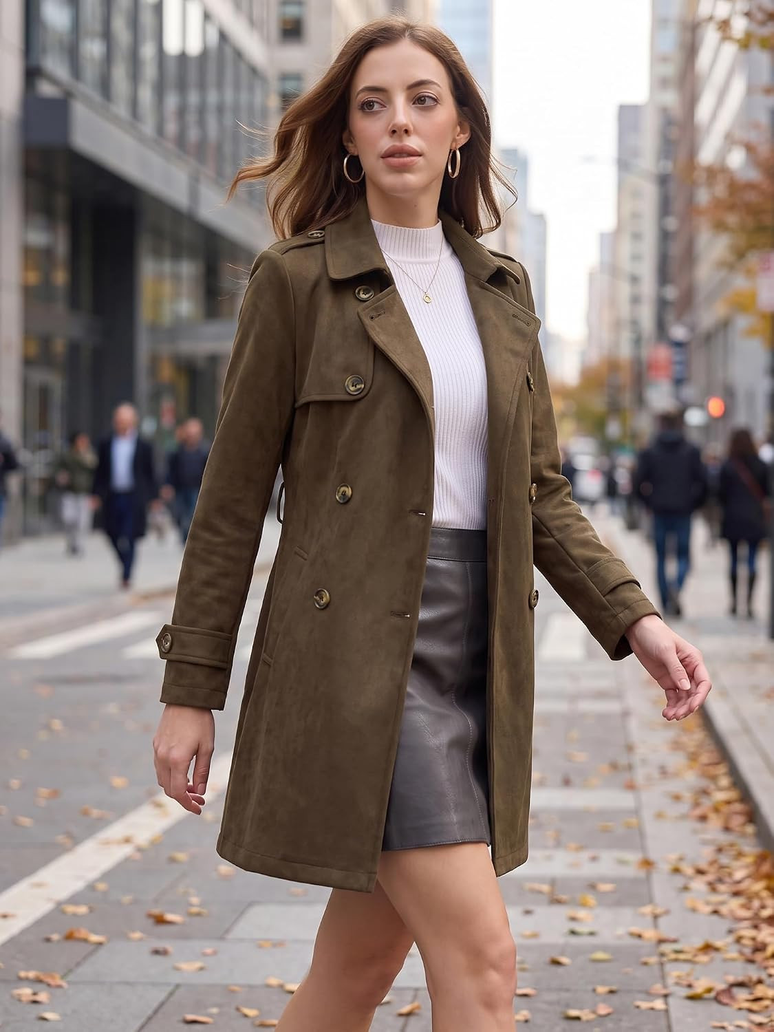 Allegra K Women's Faux Suede Trench Coat Double Breasted Jacket with Belt | Amazon (US)