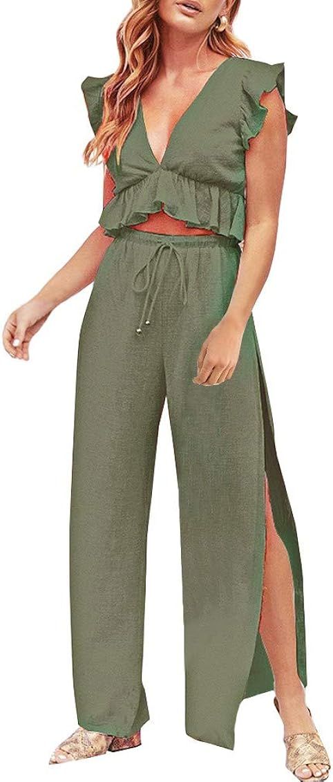 FANCYINN Womens 2 Pieces Outfits Deep V Neck Crop Top Side Slit Drawstring Wide Leg Pants Set Jumpsu | Amazon (US)