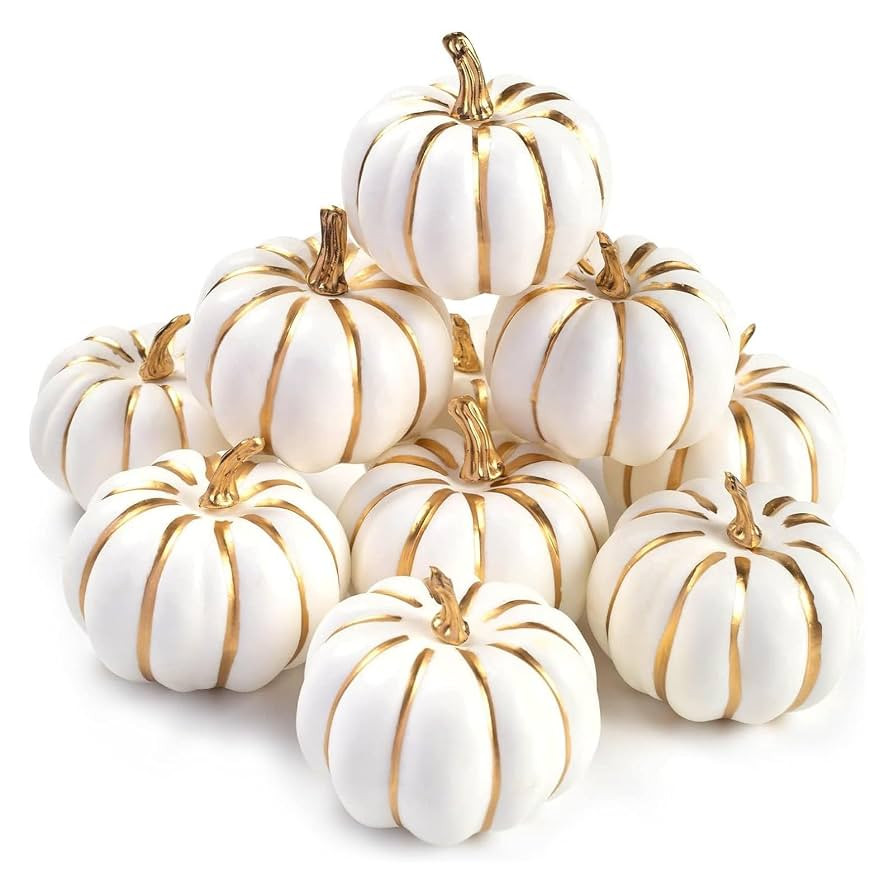 BigOtters 10PCS Artificial Pumpkins for Fall Decoration, Small White Foam Pumpkins with Gold Line... | Amazon (US)