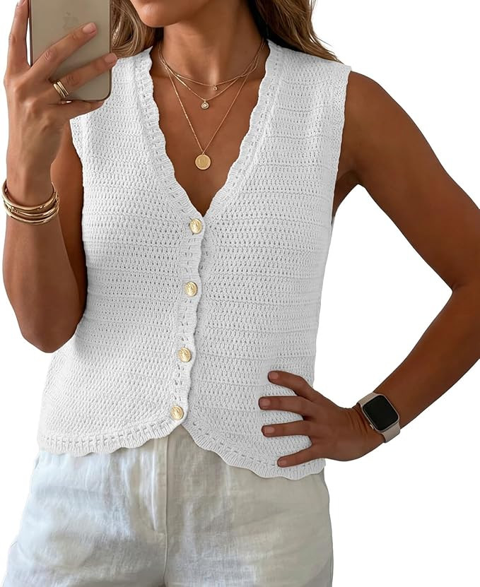 GRECERELLE Women's Summer Sleeveless V Neck Sweater Vest Knit Tank Top | Button Front Closure, Cr... | Amazon (US)