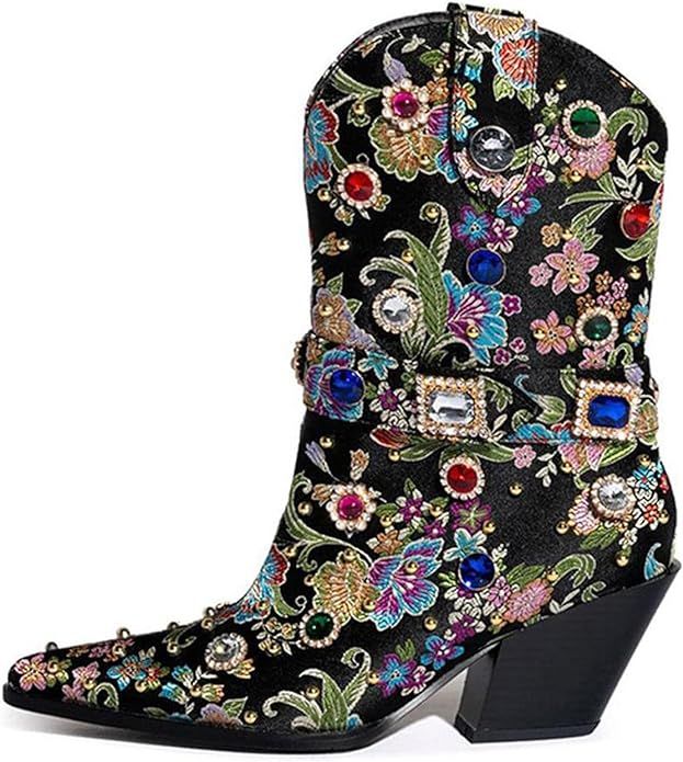 Yishaweiqi Floral Embroidered Diamonds Cowboy Boots for Women Rhinestone Short Cowgirl boots Sati... | Amazon (US)