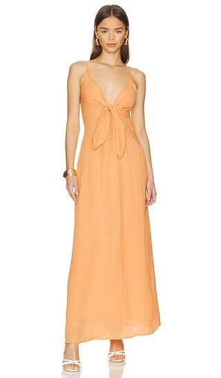 Verona Midi Dress in Saffron | Peach Dress Light Orange Dress Pastel Dress Plunge Dress Deep V Dress | Revolve Clothing (Global)