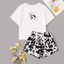 Cow Print Tee & Shorts PJ Set | SHEIN