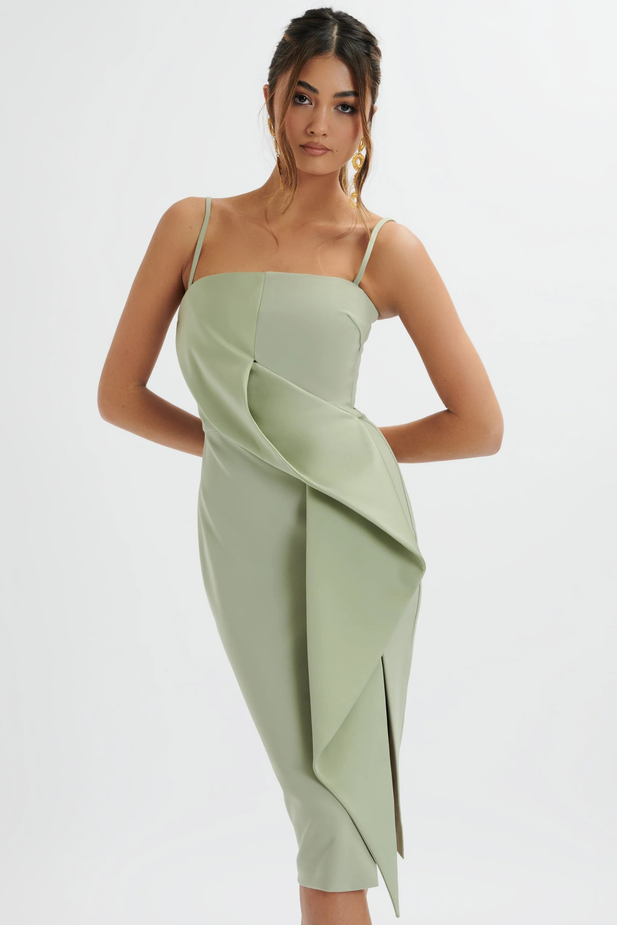 BONNIE Waterfall Frill Midi Dress In Sage Green | Lavish Alice Retail Ltd