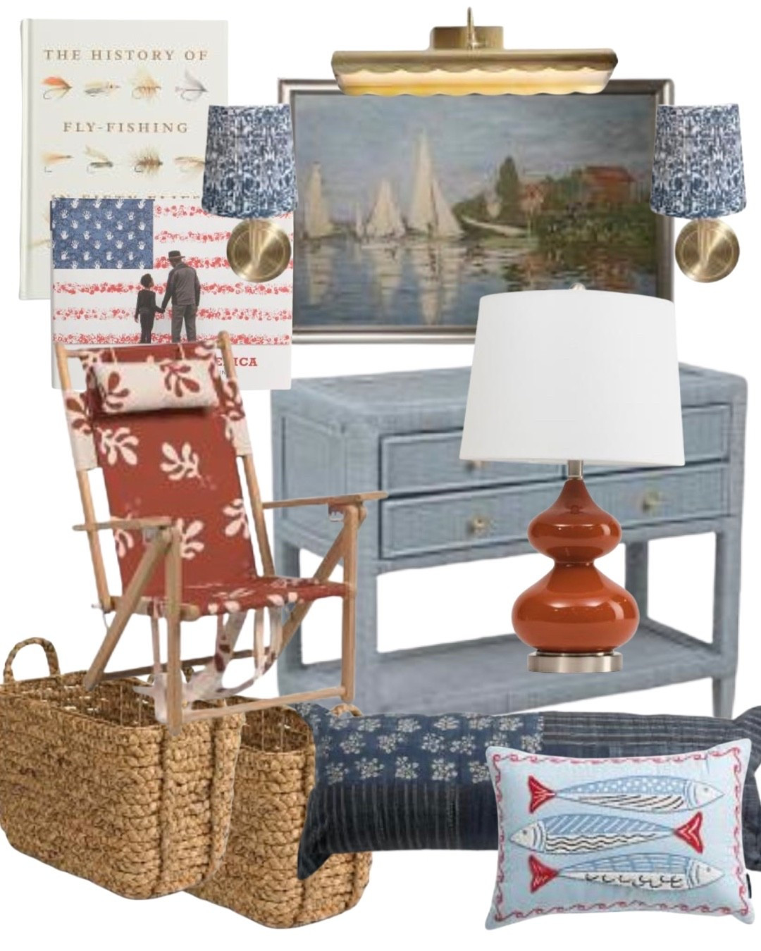 Coastal heritage style for summer 🇺🇸⚓️ I’m loving this collected mix of vintage inspired coastal decor, lake house style, and classic Americana touches. Think woven baskets, sailboat artwork, fishing books, and warm rust accents paired with soft blues. It’s an easy way to create a relaxed coastal cottage look that still feels timeless and layered. Sharing some beautiful pieces that capture that nautical, coastal grandmother, lake house aesthetic for summer decorating.