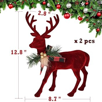 2 pcs Reindeer Christmas Decorations, Flocking Christmas Reindeer Figurines with Red Buffalo Plai... | Amazon (US)