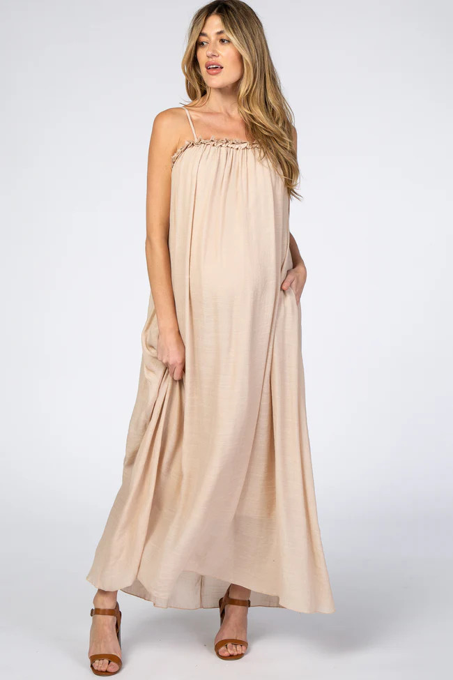 Beige Ruffle Linen Maternity Maxi Dress | PinkBlush Maternity