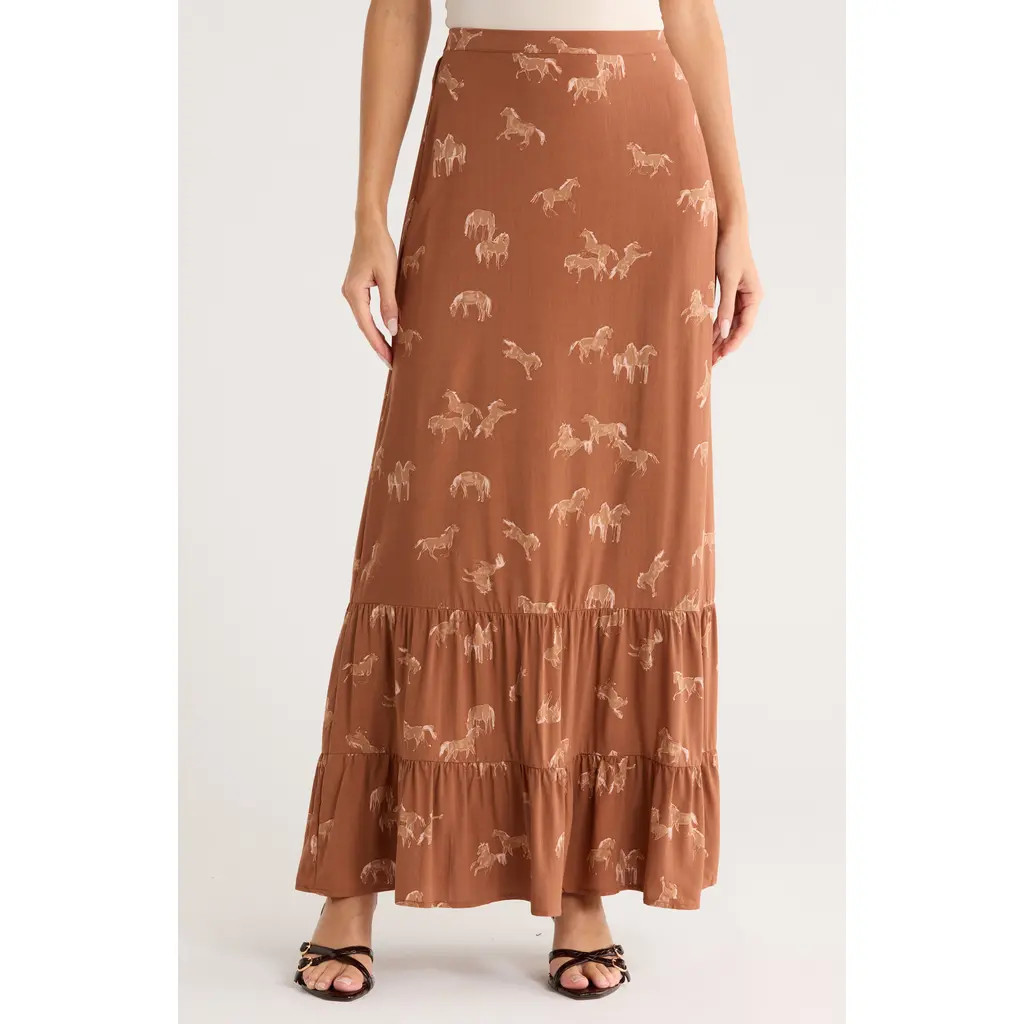 DR2 by Daniel Rainn Horse Print Flounce Maxi Skirt in Chocolate at Nordstrom Rack, Size Small | Nordstrom Rack