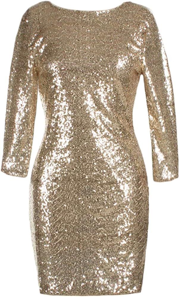 Womens 3/4 Sleeve V Neck Sequin Sparkle Glitzy Glam Flapper Party Dress Cocktail Glitter Bodycon ... | Amazon (US)