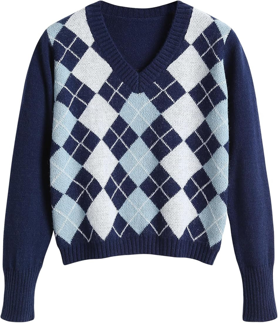 ZAFUL Women's Argyle Sweater Long-Sleeve V-Neck Plaid Knitted Crop Sweater Pullover Tops | Amazon (US)