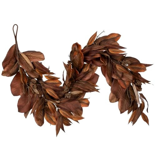 Brown Magnolia Leaf Garland 6ft – Artificial Fall Garland with Realistic Magnolia Leaves & Pinecones, Waterproof UV Resistant Autumn Decorations for Fireplace, Porch, Home, Wedding (1) | Amazon (US)