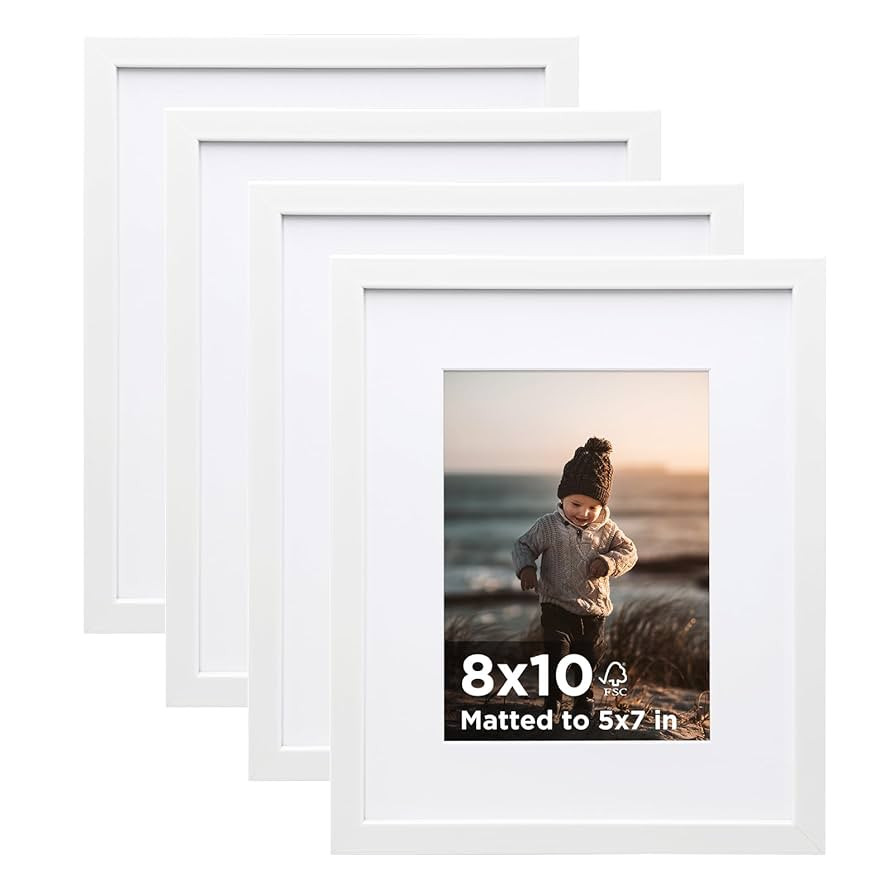 KINLINK 8x10 Picture Frame White Set of 4, Wooden Photo Frames Matted 5x7 with Plexiglass for 5x7... | Amazon (US)