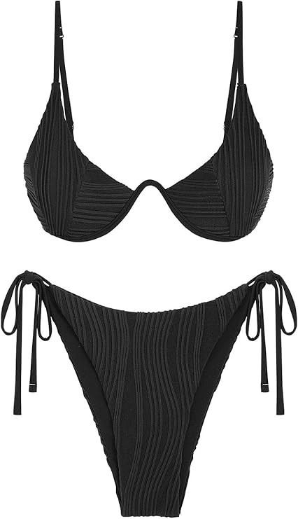 ZAFUL Women's Textured Underwire Bikini Set V Notch High Cut Swimwear Tie Side Ribbed Sexy Swimsu... | Amazon (US)