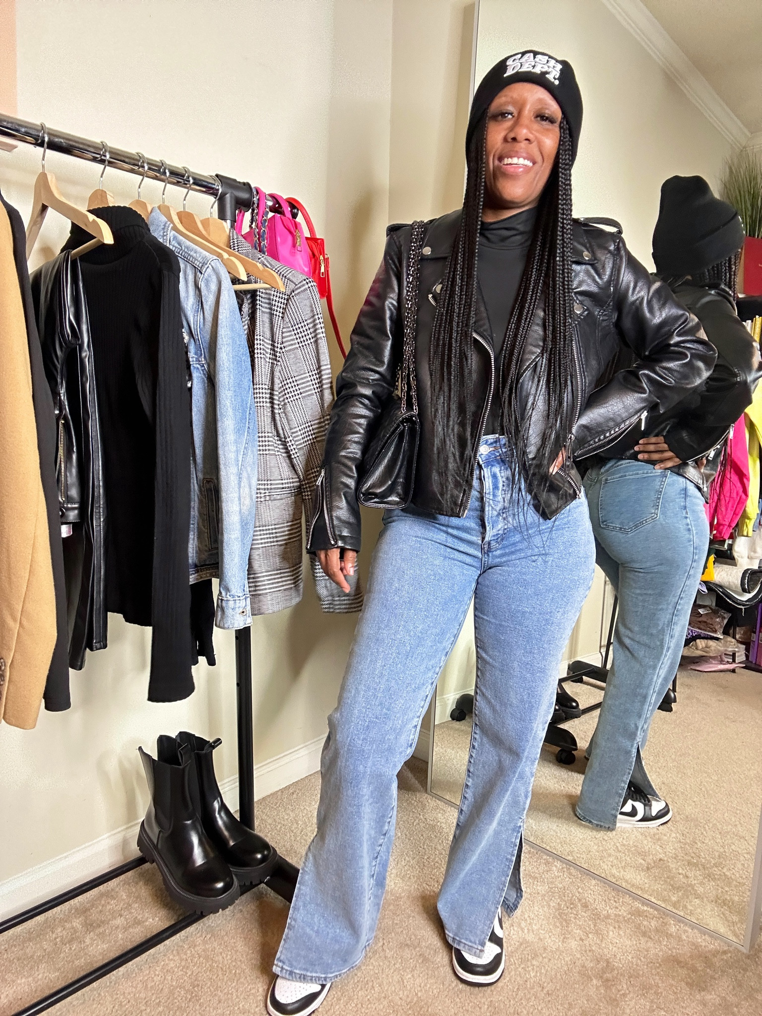 Cute simple outfit idea. I’m wearing a size small black bodysuit and black faux leather jacket with high waisted split hem denim mom jeans.

#LTKSeasonal #LTKstyletip #LTKshoecrush