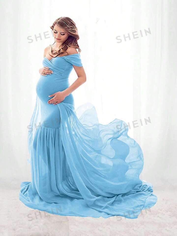 Maternity Off-Shoulder Chiffon Gown With Long Train For Photography | SHEIN