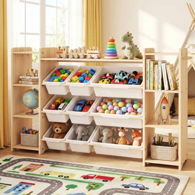 Kids Toy Storage Organizer with Bookshelf, 6 Shelves, 9 Toy Bins, 6 Hooks, Wood and White | Wayfair North America