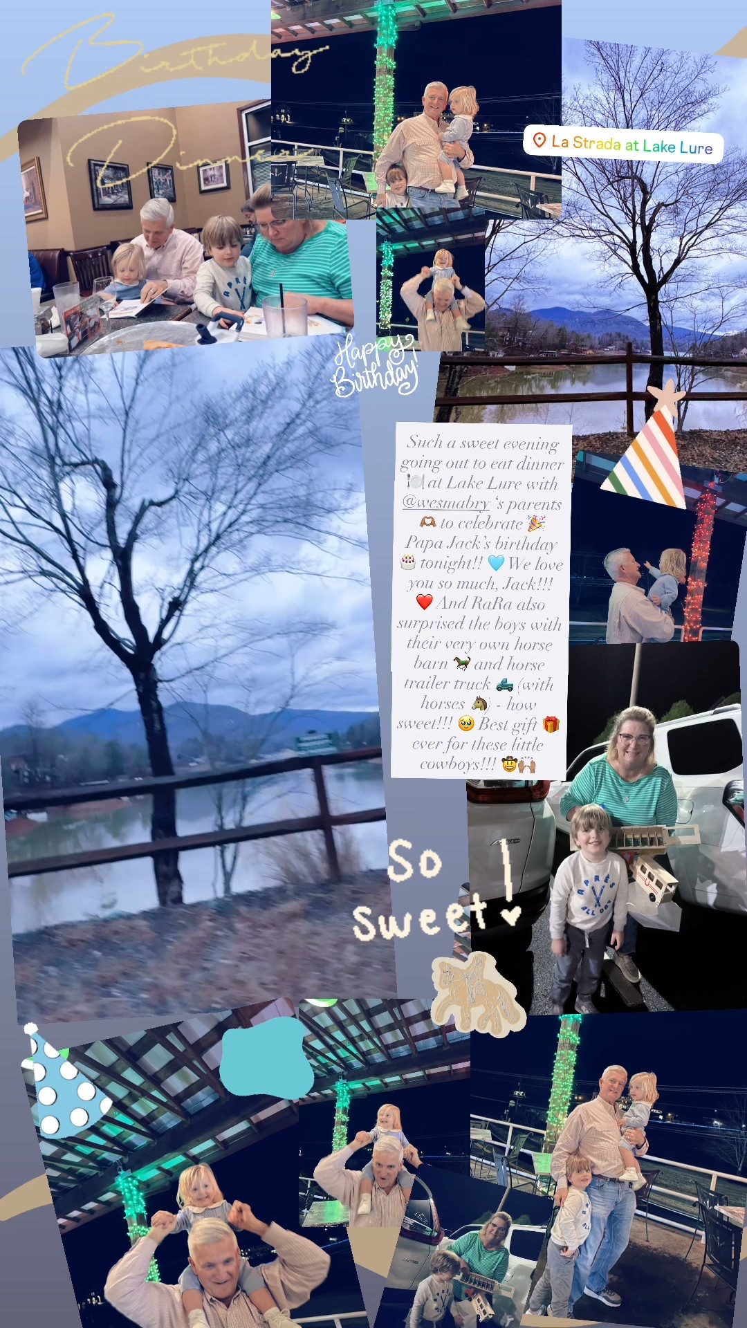 Such a sweet evening going out to eat dinner 🍽️ at Lake Lure with @wesmabry ‘s parents 🫶🏽 to celebrate 🎉 Papa Jack’s birthday 🎂 tonight!! 🩵 We love you so much, Jack!!! ❤️ And RaRa also surprised the boys with their very own horse barn 🐎 and horse trailer truck 🛻 (with horses 🐴) - how sweet!!! 🥹 Best gift 🎁 ever for these little cowboys!!! 🤠🙌🏽