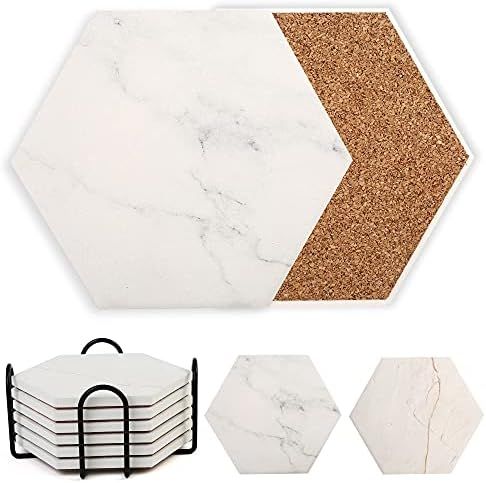 LotFancy Coasters for Drinks Absorbent, 6 Pcs Hexagon Ceramic Coasters with Holder, White Marble ... | Amazon (US)