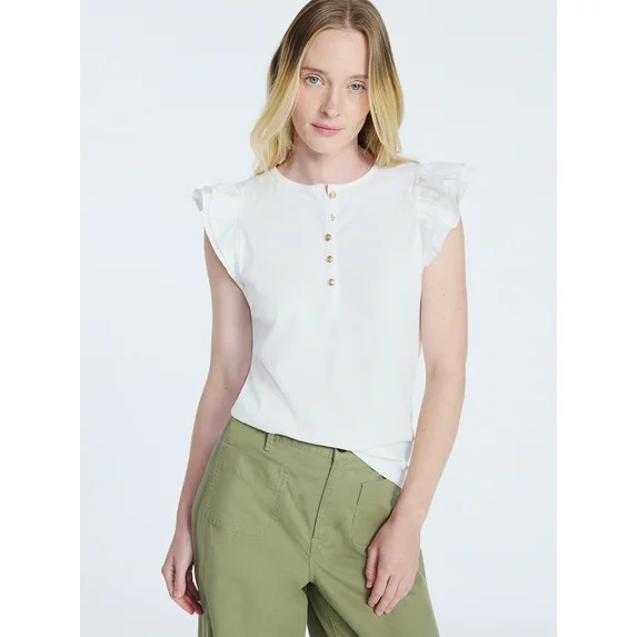 Free Assembly Women's and Women’s Plus Flutter Sleeve Henley Top, Sizes XS-4X | Walmart (US)