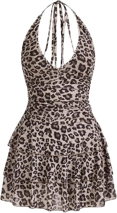 WDIRARA Women's Y2k Leopard Print Halter Dress Tie Backless Layered Ruffle Hem Mini Dresses Cheet... | Amazon (US)