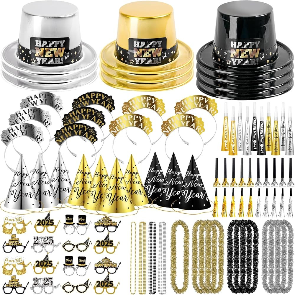 MOVINPE 2025 New Years Eve Party Supplies Bulk - Gold Black Slivery Top Hats, Cone Hats, Tiara, G... | Amazon (US)