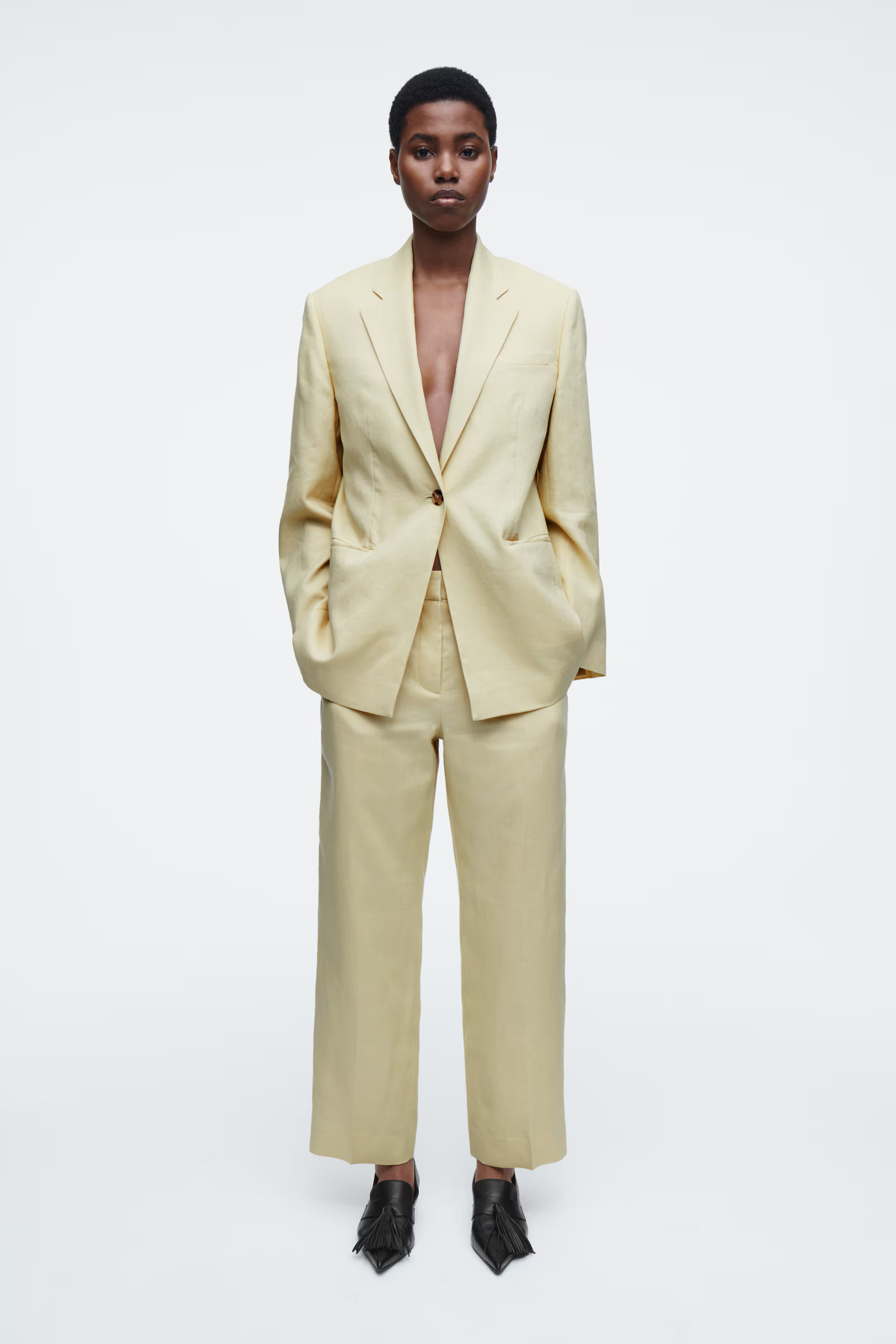 LINEN SLIM-LEG TROUSERS - BUTTER YELLOW - DAMES | H&M NL | H&M (DE, AT, CH, NL, FI)
