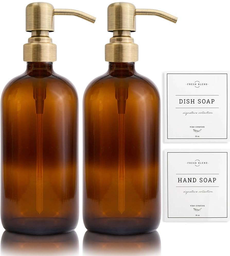 Vine Creations Amber Glass Soap Dispenser, 2 Pack Kitchen Soap Dispenser Set with Stainless Steel... | Amazon (US)