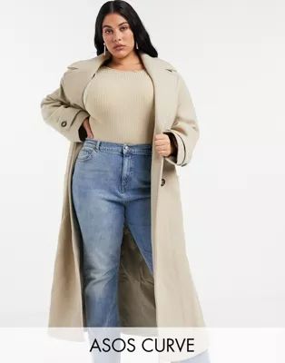 ASOS DESIGN Curve belted luxe maxi coat in camel | ASOS (Global)