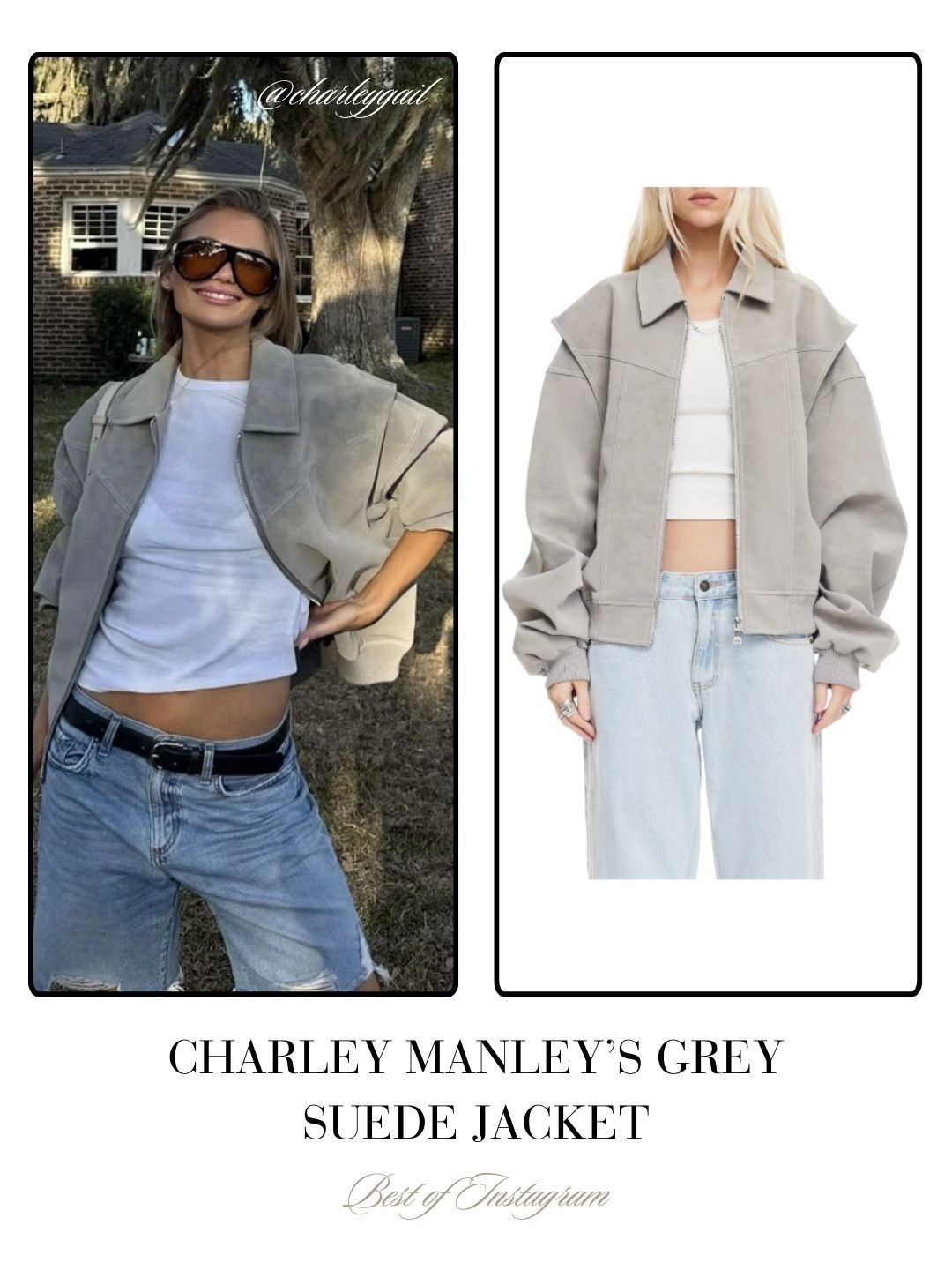 Charley Manley’s Grey Suede Bomber Jacket 📸 = @charleygail 