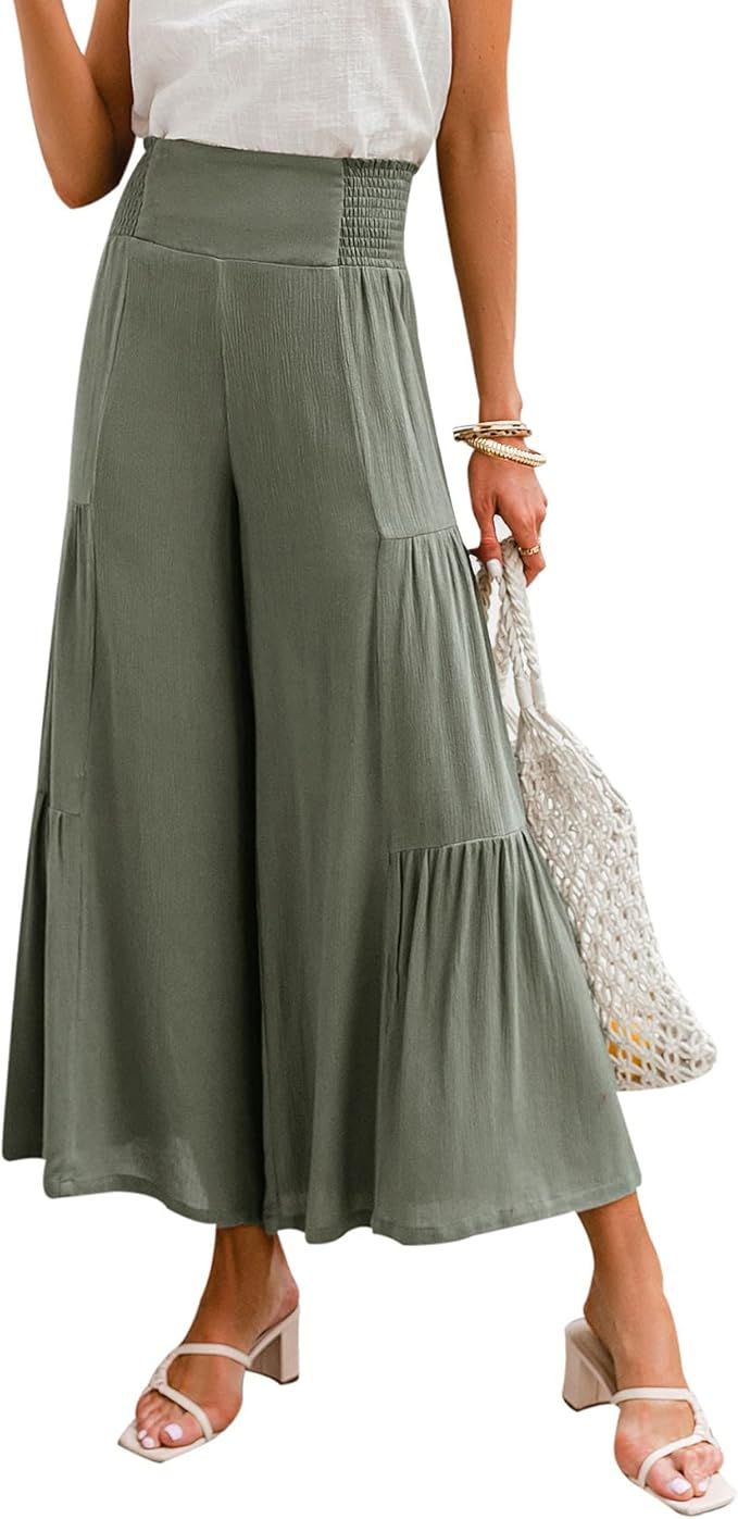 BerryGo Women's Boho Linen High Waist Pants Split Flowy Stripe Wide Leg Pant | Amazon (US)