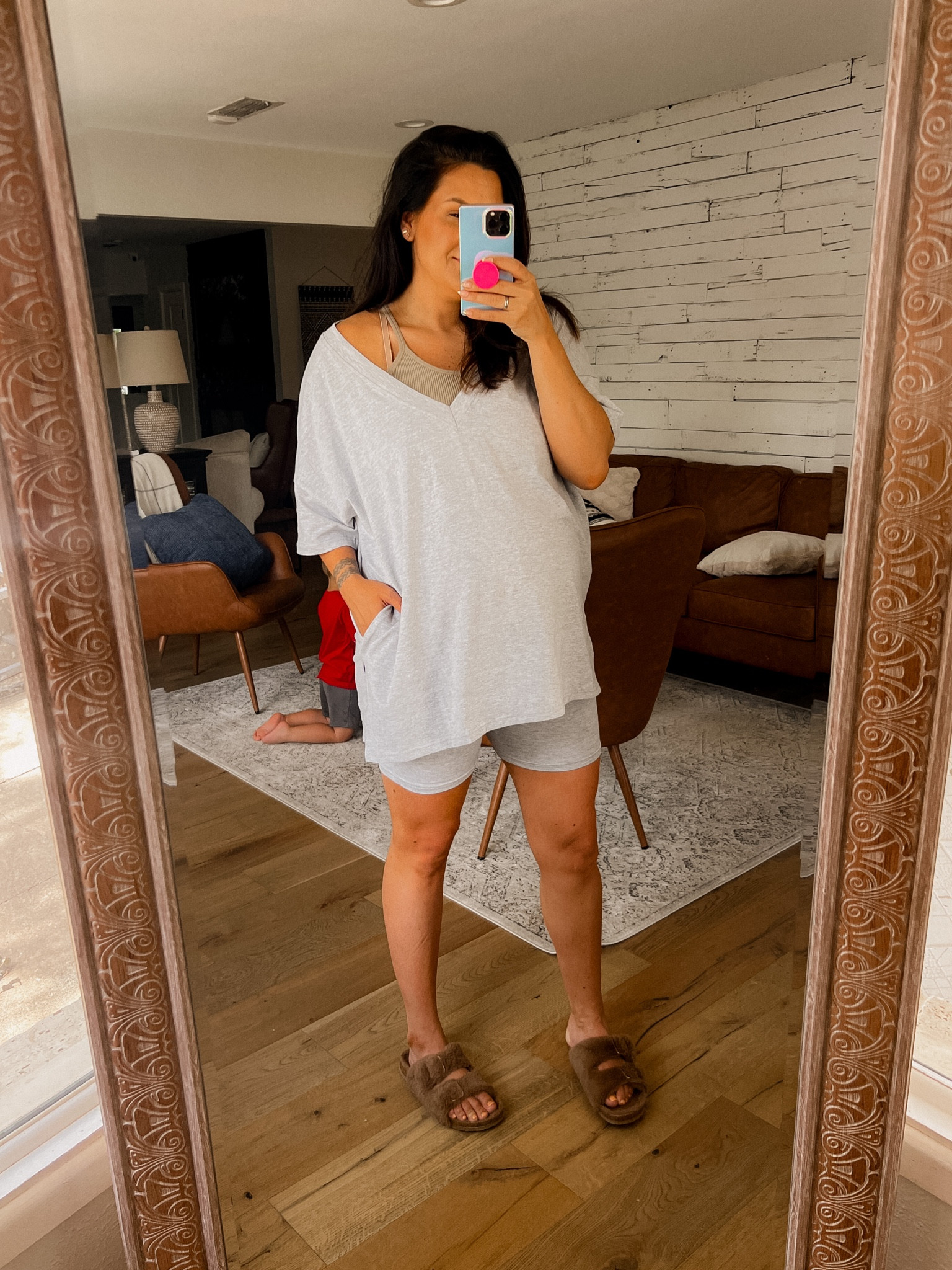 Bump friendly maternity outfit from Amazon. Free people hot shot set look a like. 

Wearing an XL in the set
Tank bra: m/l
fuzzy slipper sandals: sized up to a 9

#LTKshoecrush #LTKFind #LTKhome